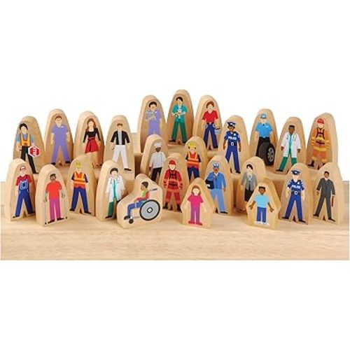 Constructive Playthings Wooden Community Helpers 25-Piece Wood Block Play Figurine Set, Freestanding Inclusive and Diverse Wood Toy Figures for Kids Ages 3+
