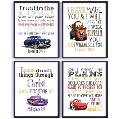 Cars Christian Nursery Set of 4 Unframed Prints, Lightning McQueen, Ramone, Doc Hudson and Tow Mater with Bible Verses