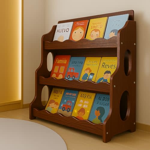 AMMEHOELA Kids Bookshelf Wooden Montessori Book Shelf Dutch Design 3Tier Scalloped,WalnutWood Pattern