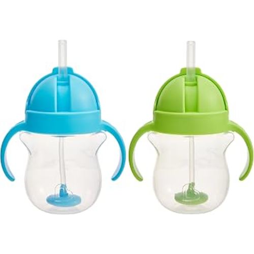 Munchkin Any Angle Sippy Cups for Toddlers, Spill Proof Weighted Straw Cup with Transition Handles for Babies 6 Months and Up, 2 Pack, Blue/Green