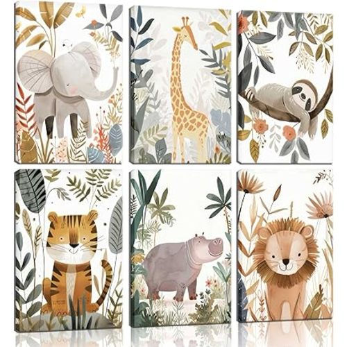 6Pcs Boho Baby Animals Wall Art Jungle Safari Canvas Paintings Cute Giraffe Elephant Lion Wall Decor Prints Inspirational Forest Animals Posters Pictures for Nursery kids Boys Bedroom Framed