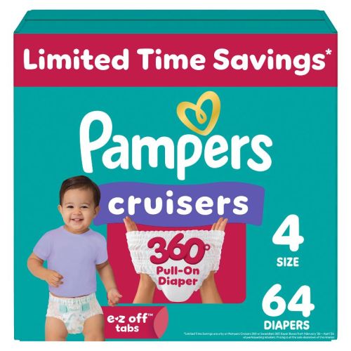 Pampers Cruisers 360 Diapers Super Pack - Size 4 - 64ct: 22 to 37 Lbs, Hypoallergenic, Paraben-Free, Elastic Stretch Sides