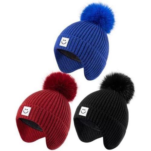 3 Pack Baby Winter Hats with Earflaps, 2 Size Kids Pom Pom Beanie for Infant Toddler Children, Smiley Face Hat for Girls Boys