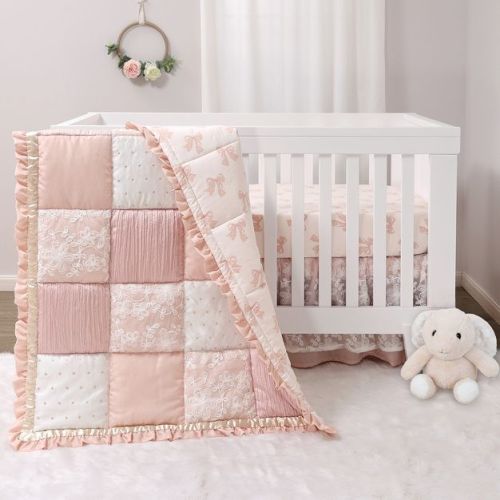 The Peanutshell 3 Piece Baby Crib Bedding Set for Girls - Cotton Fitted Crib Sheet, Layered Dust Ruffle, Comforter, Pink, Gold, Floral - Grace