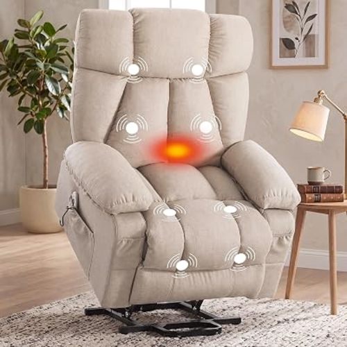 Power Lift Recliner Chair for Elderly, Big and Tall Lift Chair with Massage and Heat for Living Room, Fabric Electric Recliner Chairs with 4 Side Pockets, USB Charge Port,Beige