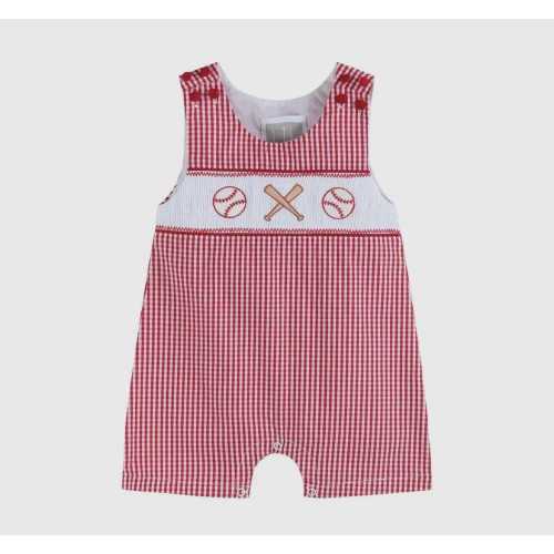 Baby Boys Red Baseball Smocked Shortall Romper