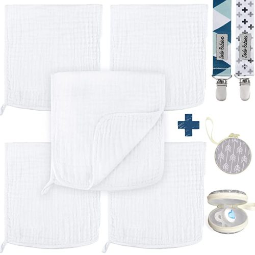 Dodo Babies 5 Pack Muslin Baby Burp Cloths with 2 Pacifier Clips and 1 Pacifier Case