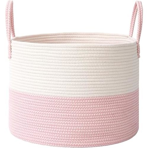 Woven Blanket Basket,115L Large Rope Storage Bin with Handles, Organizer for Blankets Toys Book and Clothes, Laundry Basket for Living Room Bedroom Nursery,White&Pink