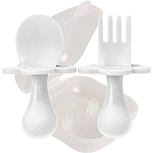 Grabease Toddler Utensils Toddler Spoons and Forks Baby Silverware Baby Self Feeding Utensils, BPA-Free & Phthalate-Free for Baby & Toddler, 1 Set, Plastic, White