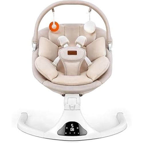 Baby Swing, Electric Infant Swing with Remote Control, 5 Speed Adjustable, Machine Washable Cushion, 5 Point Safety Harness, Bluetooth Music, Portable Baby Swing (Beige)