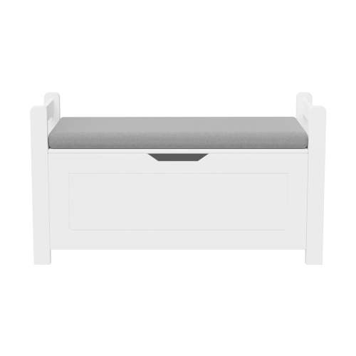 Jujwooo Kids Toy Box Chest, White Rubber Wood Toy Box for Boys Girls, Large Storage Cabinet with Cushion Seat Bench/Flip-Top Lid/Safety Hinge, Toy Storage Organizer Trunk for Nursery, Playroom