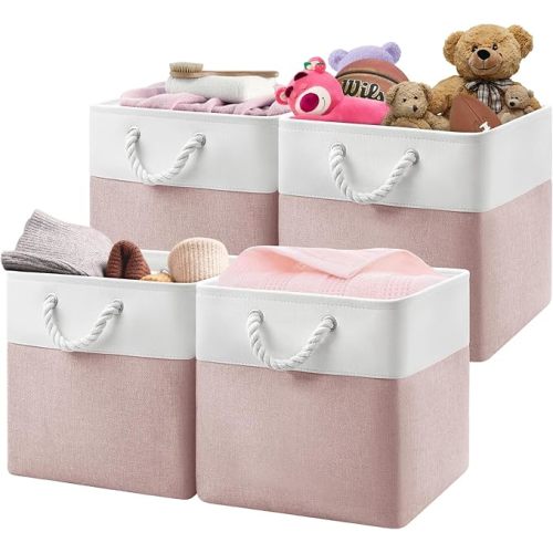 Patvingot 11 Inch Cube Storage Bins, 6 Pack Fabric Storage Cubes with Rope Handles, Organizer Baskets for Closet Shelves, Clothes and Home Organization(White/Pink)
