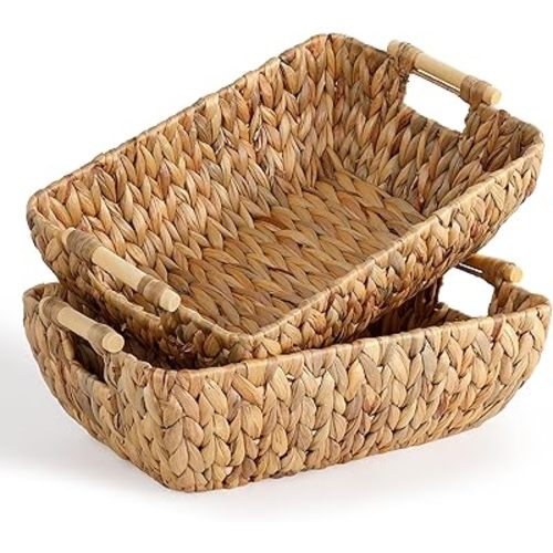 Water Hyacinth Storage Baskets with Wooden Handles，Large Wicker Baskets for Organizing Set of 2