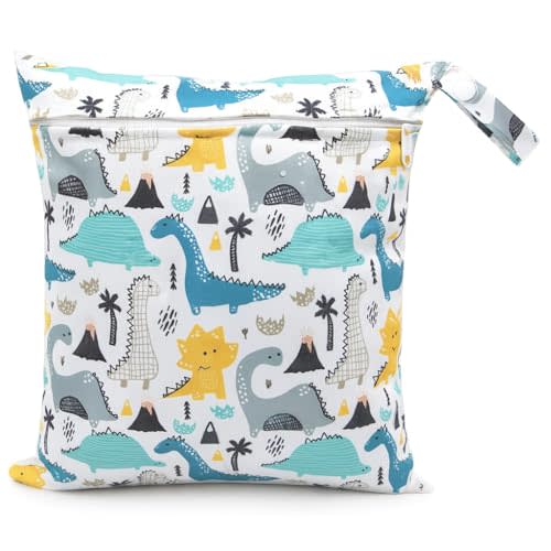 FANALALA Waterproof Wet Dry Bag, Reusable Diaper Pouch with Zipper, Machine Washable Travel Organizer for Beach, Daycare, Kids, Dinosaur Pattern (White Dino)