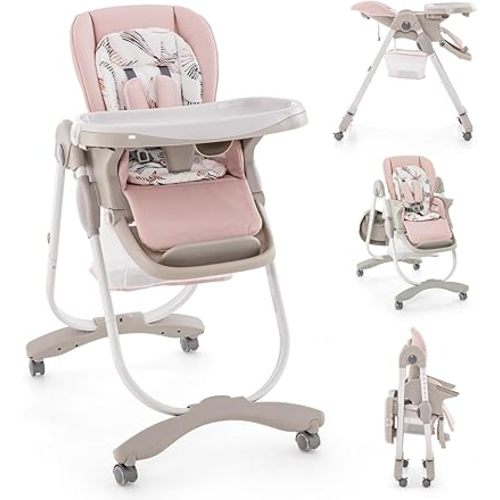 BABY JOY High Chair, Foldable Baby High Chair with Adjustable Height, Recline & Footrest, Double Removable Tray, Storage Basket, Portable Chair with Wheels for Babies & Toddlers (Pink)