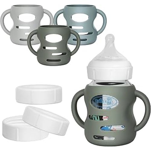 3 Pack Silicone Sleeves for Dr Brown Wide-Neck Glass Baby Bottles, Food GradeAnti Breakage Baby Bottle Holder with Handles and 3pcs Travel Bottle Caps, 5oz