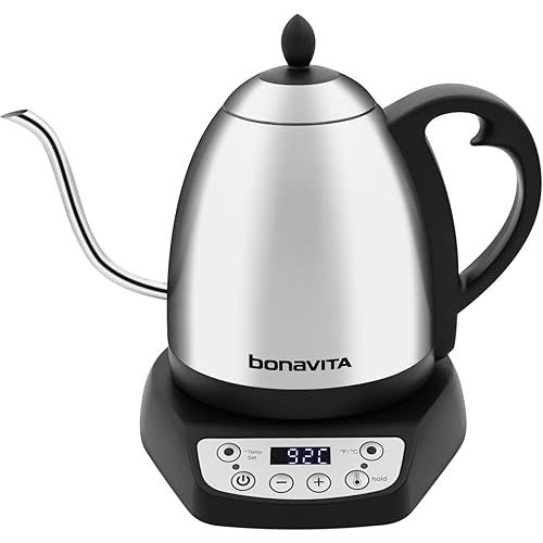 Bonavita 1L Digital Variable Temperature Gooseneck Electric Kettle for Coffee Brew and Tea Precise Pour Control, 6 Preset Temps, Café or Home Use, 1200 Watt, LED Panel, Stainless Steel