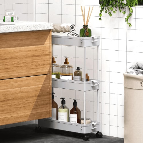 LLMRR 3 Tier Slim Rolling Cart Grey with Lockable Wheels Storage Organizer