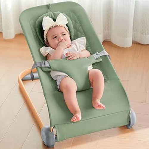 Fodoss Baby Bouncer, Portable Bouncer Seat for Infants, Ergonomic Design Baby Bouncer Chair, Bouncer for Babies 0-12 Month-Green