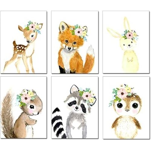 Woodland Watercolor Animals Nursery Wall Art Prints,6 Pieces Cute Safari Baby Floral Crown Animals Posters Pictures Wall Decor for Kids Girls Room Playroom Toddler Room(Unframed, 8 x 10 Inch)