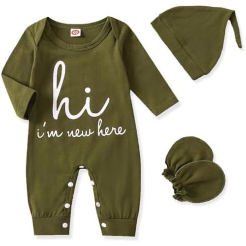 GRNSHTS Newborn Baby Boy Romper Coming Home Outfits Letter Print Bodysuit Jumpsuit+Hat+Gloves 3PCS Clothes Set