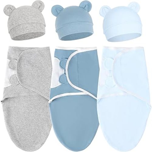 DRESHOW BQUBO 3 Pack Newborn Baby Swaddle Blanket with Hats Infant Adjustable Swaddling Wraps with Bear Ears Cap for 6-12 Lbs Newborns & 0-3 Months Girls Boys