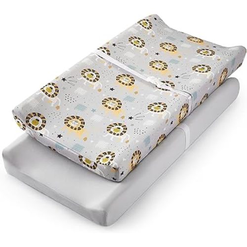 TILLYOU Changing Pad Cover Set in Soft Jersey Material - Fits 32"/34''x16 Contoured Pad for Babies, Lion's Paradise and Grey