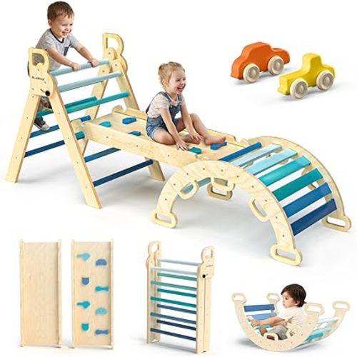 BlueWood Pikler Triangle Set 7in1 Foldable Baby Climbing Toys Wooden Montessori Climbing Set with Arch&Ramp&Ladder Baby Climber Indoor Jungle Gyms for Toddlers Montessori Toys- Sky Blue