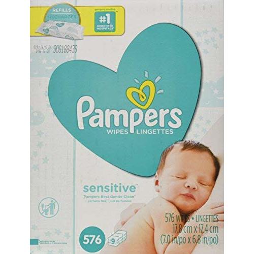Pampers Sensitive Water-Based Baby Diaper Wipes, 9 Refill Packs for Dispenser Tub - Hypoallergenic and Unscented - 576 Count