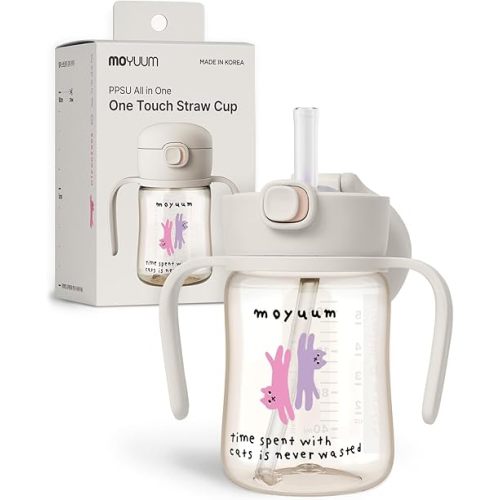 MOYUUM Leak Proof Sippy Cup with Handle | Made in Korea, 100% BPA Free PPSU, Magic No Spill Straw Cup with Attached Flip Top Lid, Easy to Hold for Babies and Toddlers, 6oz Gray
