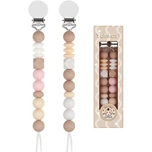 Pacifier Clip Paci Holder Baby Girls Boys Silicone Teething Beads Soothie Binky Clips Teether Toys 2 Pack (Pink, Beige)