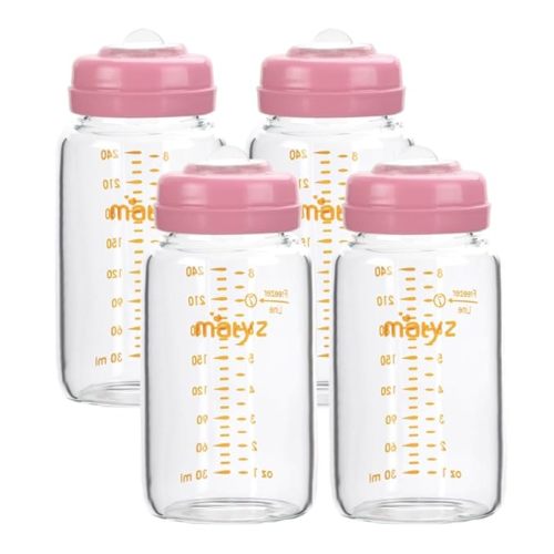 Matyz Glass Breastmilk Storage Containers, 4 Pack, 8 oz Bottle, Fit with Spectra Medela Philips Avent Pump - Wide Mouth Breastmilk Collection and Storage Bottle with Lids - No BPA (Pink Lids)