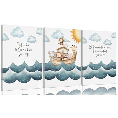 3Pcs Children's Bible Verse Wall Art Noahs Ark Nursery Painting picture Christian Inspirational Wall Decor Religious Educational Posters Prints for Kids Bedroom Classroom Home Decoration 12x16in