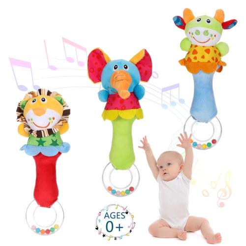 HEQUSIGNS 3Pcs Baby Soft Rattles Toys, Baby Rattle Infant Sensory Development Hand Grip Toys, Cute Stuffed Animal Handbells for 0-6months Newborn, Boys, Girls