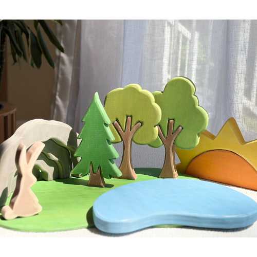Wooden Forest Playscape/Landscape Full Set: Trees, Pond, Cave, Sun,  Bunny and Forest Base