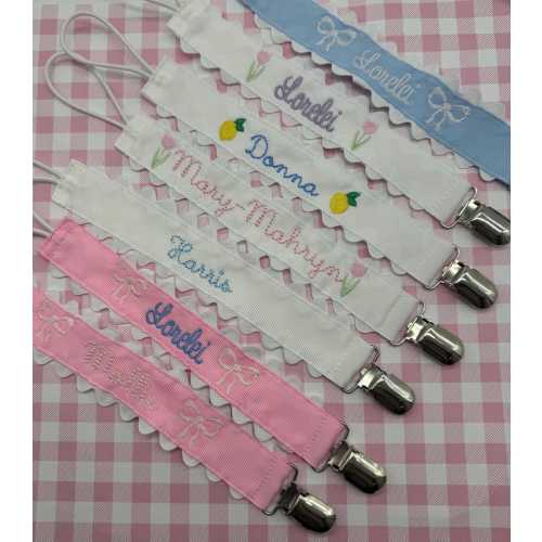 Monogrammed Pacifier Clip | bow Personalized Scallop embroidered paci holder| Baby bib clip with ricrac trim | baby gift personalized