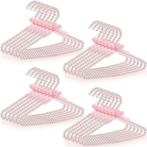 Threan Pink 24 Pcs Pearl Beaded Clothes Hanger Mini Pearl Beads Small Metal Clothes Hangers with Ribbon Standard for Kids Baby Children Pet Dog