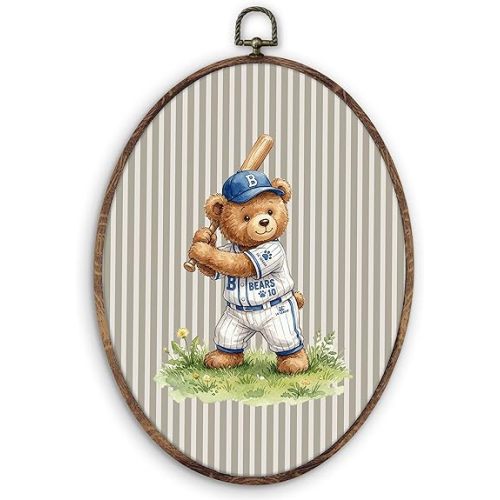 DILSJ Vintage Baseball Bear Nursery Oval Wall Art Decor, Sports Nursery Canvas Wall Art Framed, Striped Baseball Player Bear Hanging Decorations for Kids Boys Room Bedroom Playroom, 8.5x11 Inch
