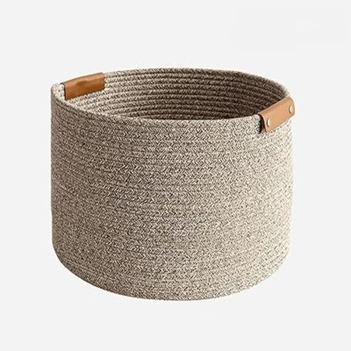 Large Cotton Woven Basket with PU Leather Handle - Baby Kids Clothes Toys Candy Gifts Organizer, Living Room Bathroom Shower Storage Laundry Basket, Dog Cat Bed, Cute Decor, Coffee