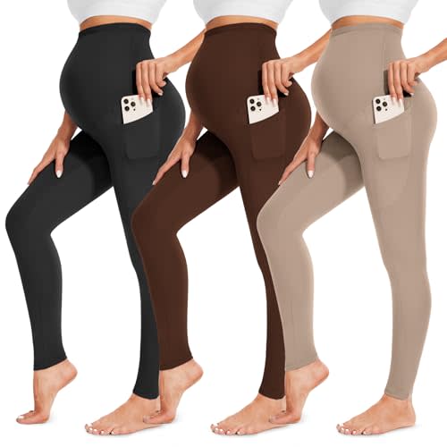 FULLSOFT 3 Pack Women’s Maternity Leggings Over The Belly-High Waisted Workout Pregnancy Yoga Pants Pockets