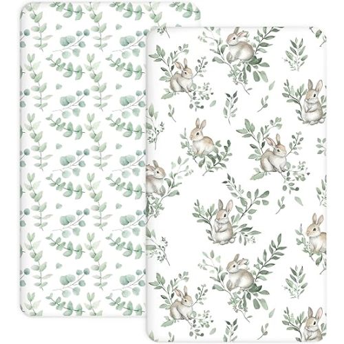 Crib Sheets for Boys and Girls, 2 Pack Fitted Baby Sheets for Standard Toddler Mattress 28" x 52", Soft Breathable Jersey Knit Baby Bedding (Bunny Meadow)