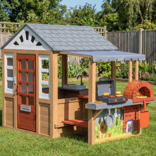 JOYRACER Kids Wooden Playhouse with 17-Piece Kitchen Set, Outdoor BBQ Grill, Pizza Oven, Bench, Doorbell & Accessories & Reviews | Wayfair