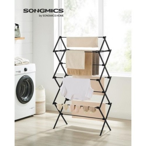 SONGMICS Foldable Clothes Drying Rack, Laundry Drying Rack, Clothes Airer, Steel Frame, 14.6 x 29.5 x 53.2 Inches, Easy Assembly, Indoor Outdoor Use, Color: Black