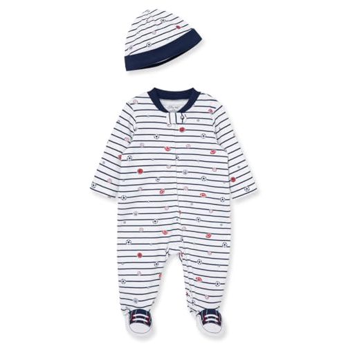 Little Me Baby Boy Clothes 2-Piece Baby Sleeper and Cap Set, 100% Cotton Footies Baby Essentials, Preemie to 9 Months