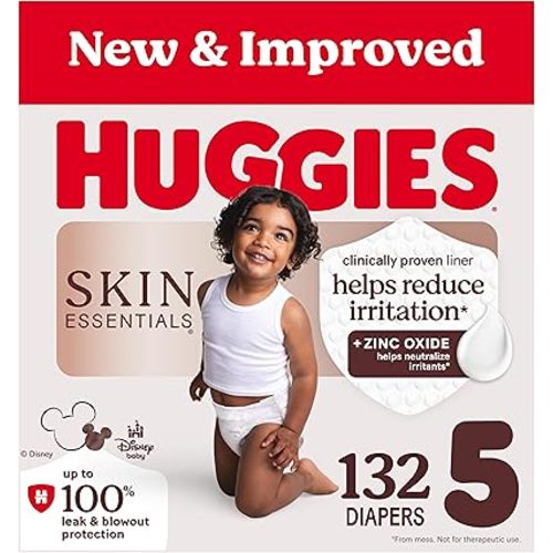 Huggies Size 5 Diapers, Skin Essentials Baby Diapers, Size 5 (27+ lbs), 132 Count (2 Packs of 66), Packaging May Vary