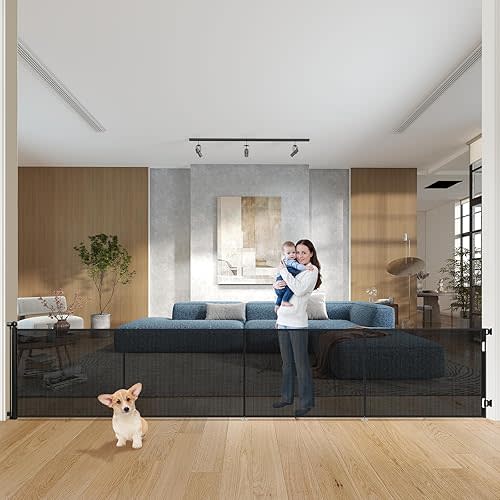 Upgraded 197" Extra Wide Retractable Baby Gates, 41" Tall Mesh Dog Gate for Preventing Escaping, Extra Long Pet Gate for Outdoor, Indoor, Hallways, Deck, Porch, Black