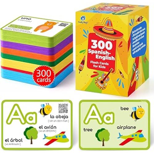 300 English and Spanish Flash Cards for Kids with Audio Support - Bilingual Spanish Learning Cards for Kids in 7 Color-Coded Categories, Tarjetas Didácticas en Español - Simply Magic