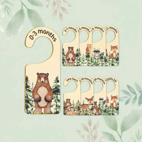 8Pcs Woodland Design Hanging Wooden Baby Closet Size Dividers and Organizer - Newborn to 24 Months - Thicken Wardrobe Organizer for Home Nursery Clothes Decor