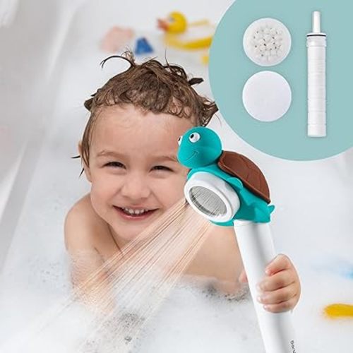 Barumi Livo Handheld Filtered Showerhead for Kids - Turtle Turquoise | Micro Laser-Cut for Soft Water Spray, Multi-Level Filtration Removes Chlorine and Impurities for Skin and Hair