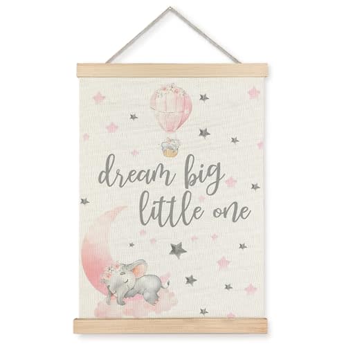 Supwhd Baby Girl Elephant Nursery Wall Decor, Pink Baby Elephant Nursery Wall Art Decor for Baby Toddler Little Girls Room Playroom, Dream Big Little One Poster Hanger Frame, 12x16 Inches